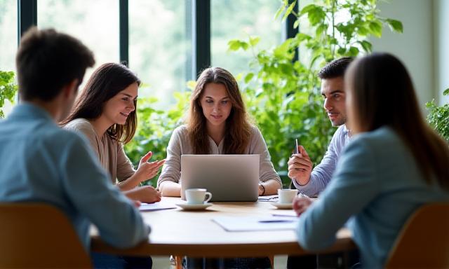 Equipos colaborando en una oficina luminosa y sostenible